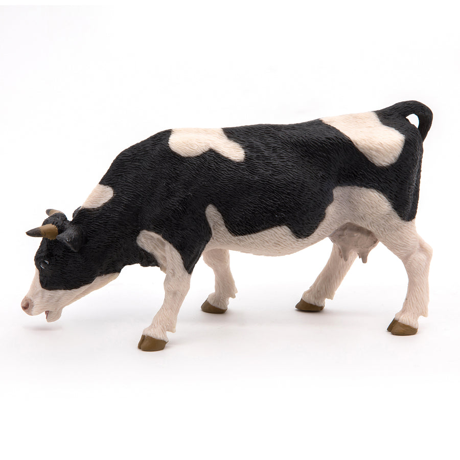 Figurine Vache noire et blanche broutant Papo en PVC, Collection Vie à la ferme, jouet éducatif idéal pour enfants et collectionneurs